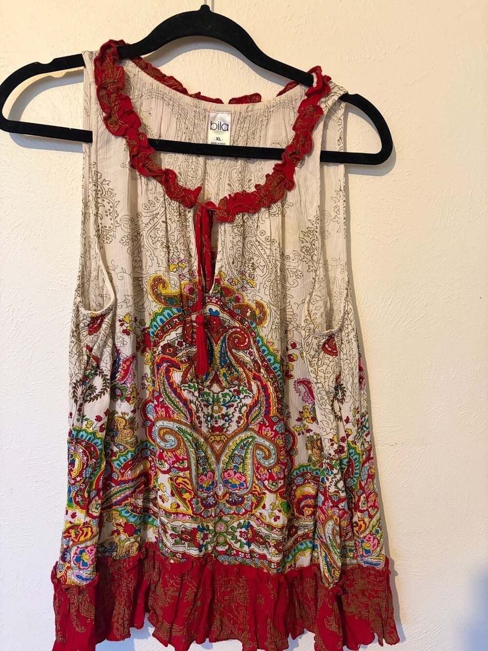 Bila Boho Paisley Sleeveless Tunic Top, Red Multi, Size XL